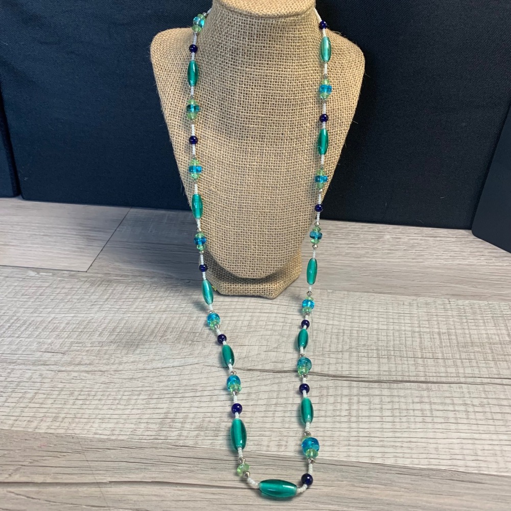 Vintage Teal Green Blue Glass Bead Long Strand Necklace 36 Inch Silver Clasp